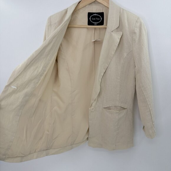 NWT Love Tree Jacket Juniors WOMEN’s Beige 100% Linen Blazer Beachy Career Sz L - Picture 6 of 10